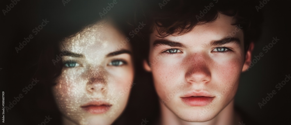 A captivating portrait of two young individuals with striking features and artistic lighting. A captivating portrait of two young individuals with striking features and artistic lighting.