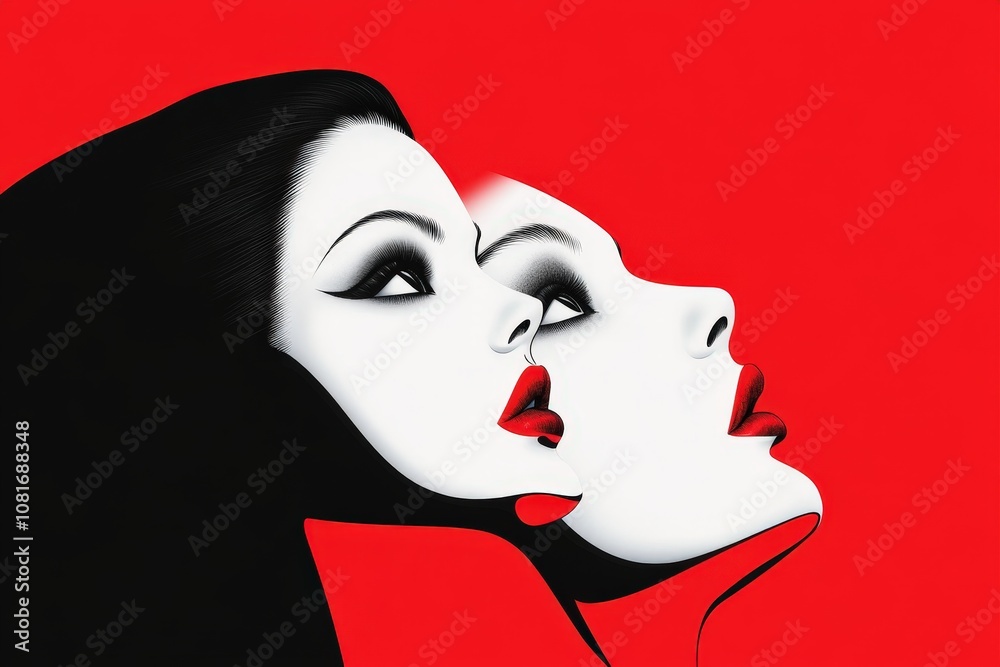 A striking illustration of two elegant faces against a bold red background. A striking illustration of two elegant faces against a bold red background.