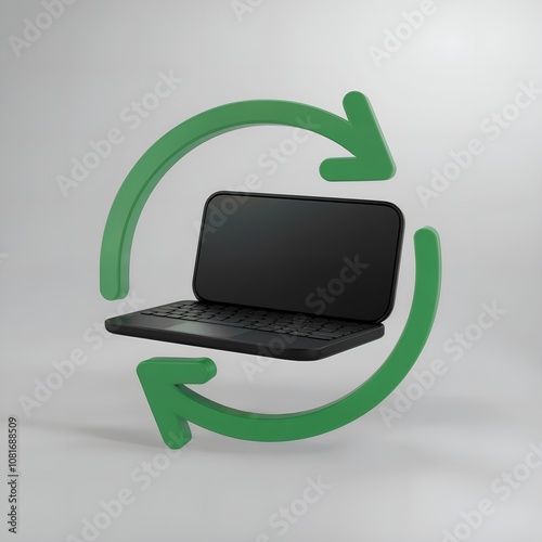 3d render of laptop or notebook computer illustration isolated. Green circle arrows around symbolising trade in. White background