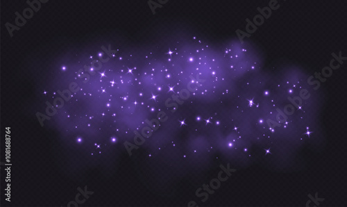 Purple magic smoke with stars and sparkles, fog with glowing particles, colorful vapor with star dust. Fantasy haze overlay. Vector illustration.