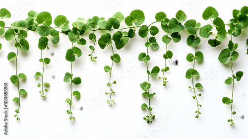 Vibrant Green Vine with Lush Foliage Cascades Down a White Background, Creating a Natural and Serene Botanical Illustration.