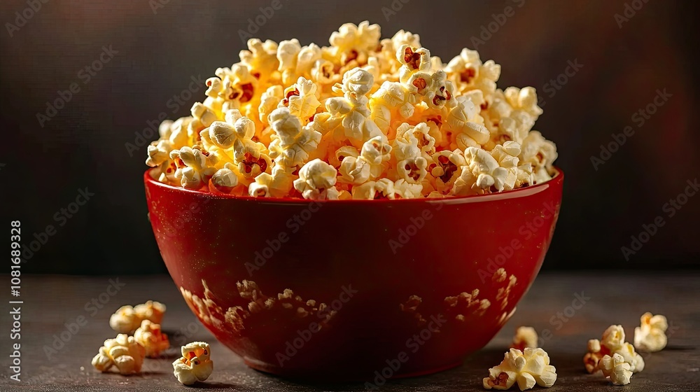 Bowl of buttery, salted popcorn with a rustic, dark background, capturing the irresistible, golden glow and fluffy texture of each kernel Bowl of buttery, salted popcorn with a rustic, dark background, capturing the irresistible, golden glow and fluffy texture of each kernel