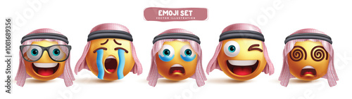 Saudi emoji characters vector set. Arab muslim emojis clip art character in happy, crying, sad, winking and dizzy facial expression sheikh wearing keffiyeh collection. Vector illustration 3d Saudi 