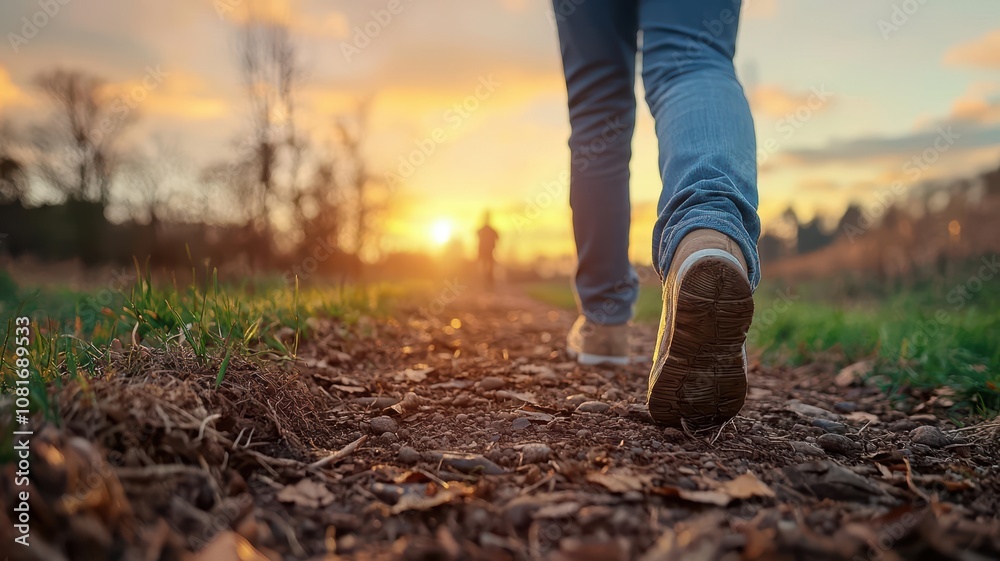 A person walking along a nature path during a beautiful sunset, enjoying the scenery. A person walking along a nature path during a beautiful sunset, enjoying the scenery.