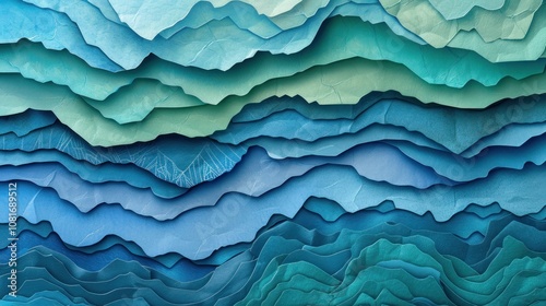 A layered paper background with various shades of blue and green, cut into organic shapes, offering a creative and textured appearance.