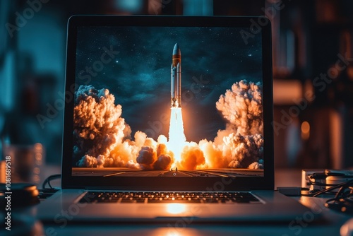 A laptop screen shows a rocket launch with a bright orange trail of smoke