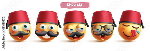 Turkish emoji characters vector set. Emojis turkey europe clip art character in happy, smiling, tired and cravings satisfied facial expression wearing mustache and red fez hat collection. Vector 