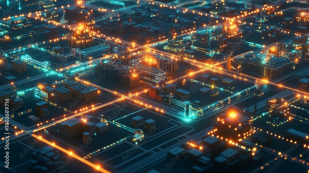 A sustainable supply chain network visualized as a glowing, interconnected grid of factories, transportation hubs, and distribution centers. A sustainable supply chain network visualized as a glowing, interconnected grid of factories, transportation hubs, and distribution centers.
