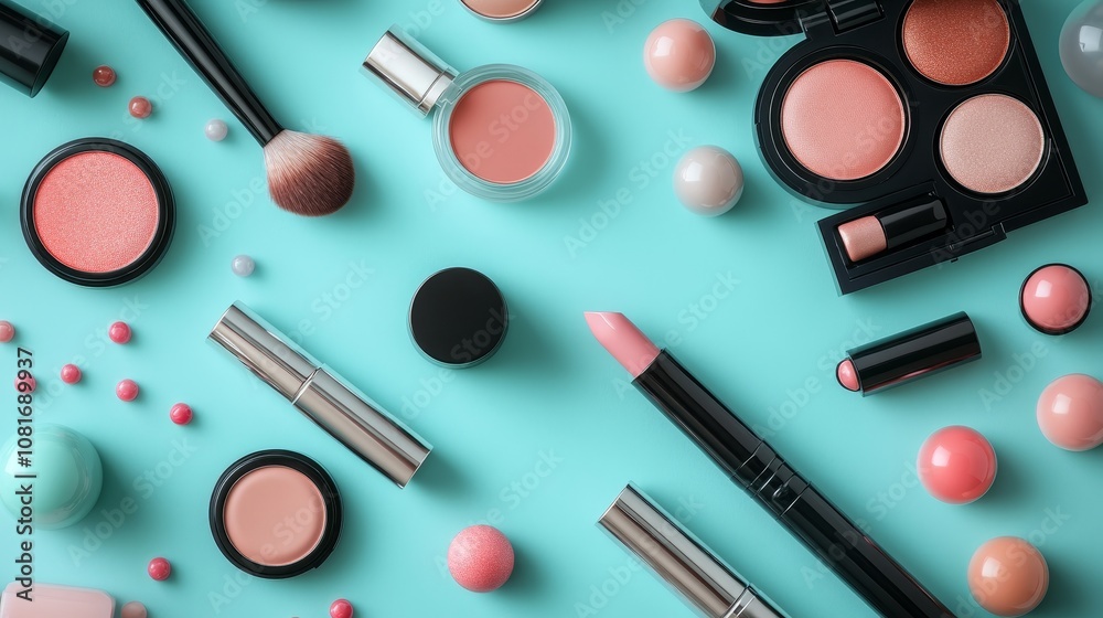 Makeup Products and Accessories Arranged on a Blue Background Makeup Products and Accessories Arranged on a Blue Background