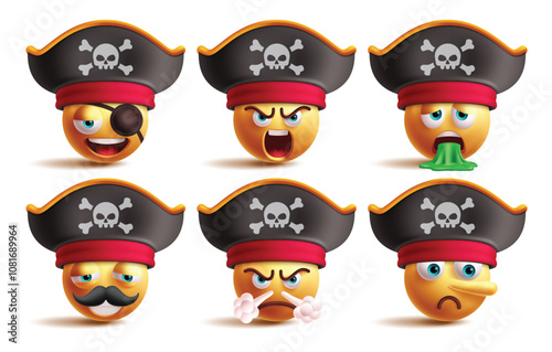 Pirate emoji characters vector set. Emoji captain seafarer clip art character in tired, angry, vomit, exhausted, mad and pinocchio facial expression wearing skull hat collection. Vector illustration 