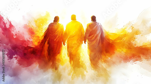 Abstract Watercolor Painting of Three Figures Walking Together in Radiant Light, a Spiritual Journey Depicted with Warm Colors and Dynamic Brushstrokes.