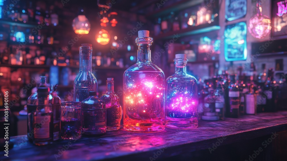 A bar with bottles of liquor and a neon sign A bar with bottles of liquor and a neon sign
