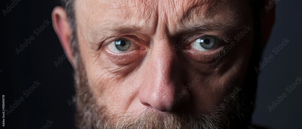 A close-up portrait of a thoughtful man with intense eyes and a beard. A close-up portrait of a thoughtful man with intense eyes and a beard.