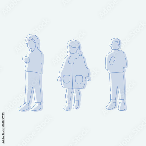 flat minimal children male and female vector illustration in winter clothing concept isolated set collection. Outline with silhouette shadow. For architecture rendering, design, info graphic, media