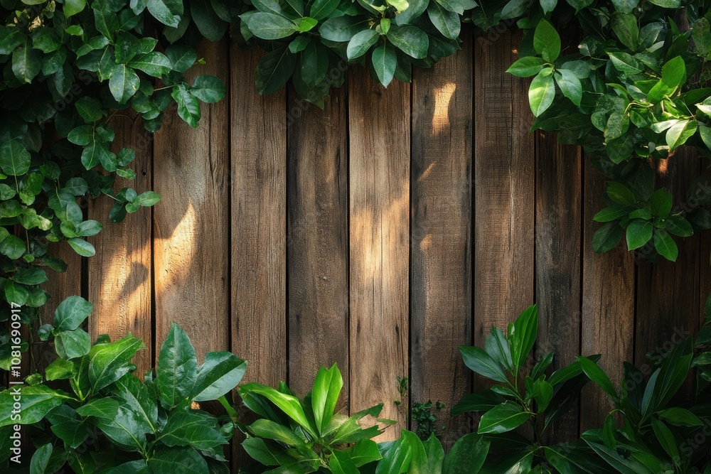 A wooden fence with green leaves on either side A wooden fence with green leaves on either side