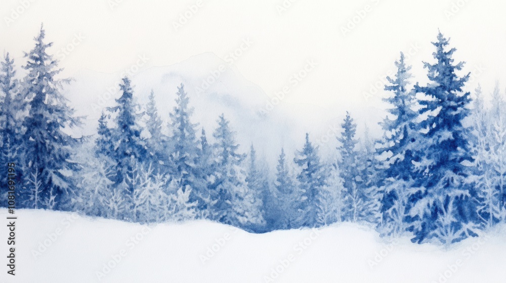 Obraz premium Snow-covered pine trees stand tall in a serene winter landscape, AI