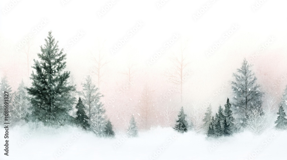 Fototapeta premium Snow-covered forest with misty trees and a serene winter atmosphere, AI