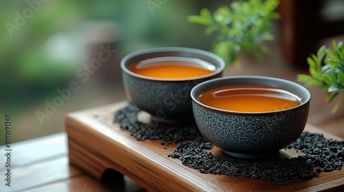 Two Cups of Tea on a Wooden Tray with Loose Tea Leaves photo