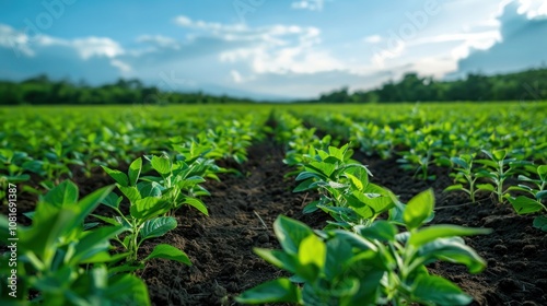 A lush green field with young saplings and a bright blue sky, symbolizing growth and sustainability, perfect for an eco-friendly theme.