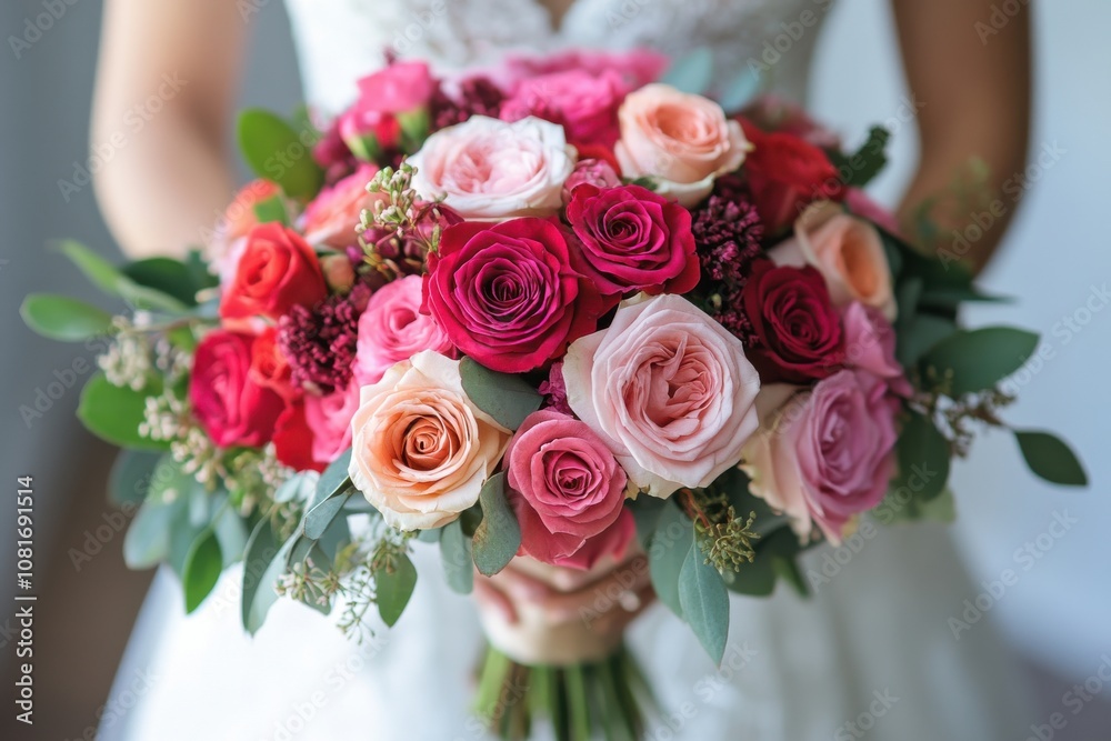 A woman is holding a bouquet of flowers, which includes pink and red roses A woman is holding a bouquet of flowers, which includes pink and red roses
