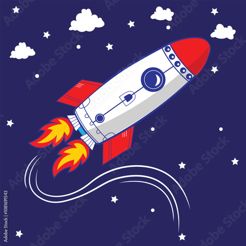 Cartoon rocket ship taking off in the sky with fire and clouds for a successful business or startup launch