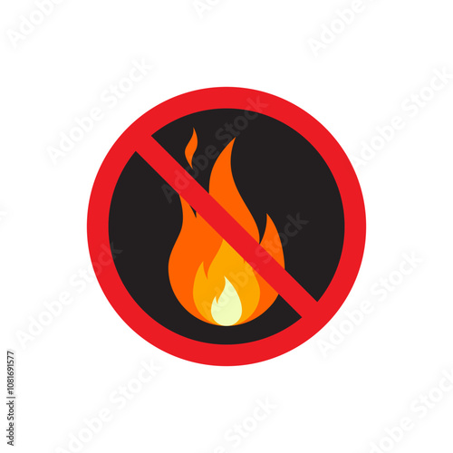 Fire prohibition sign icon in flat design. Stop flame sign symbol