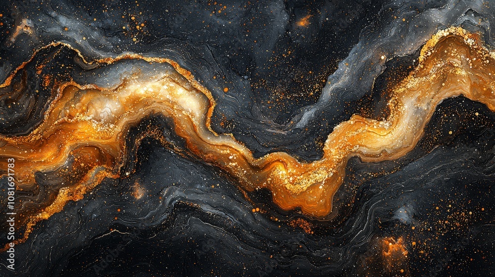 Abstract cosmic illustration featuring swirling black and gold patterns resembling a galaxy. Abstract cosmic illustration featuring swirling black and gold patterns resembling a galaxy.