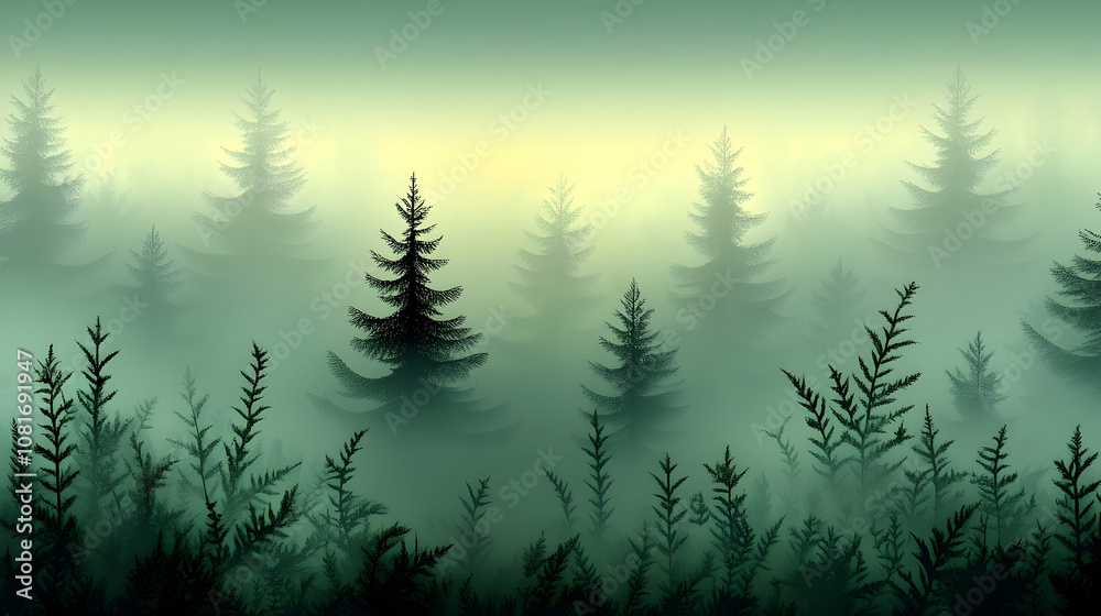 Misty Forest Illustration: Silhouetted Evergreen Trees and Ferns in a Dreamlike, Abstract Green Background Misty Forest Illustration: Silhouetted Evergreen Trees and Ferns in a Dreamlike, Abstract Green Background