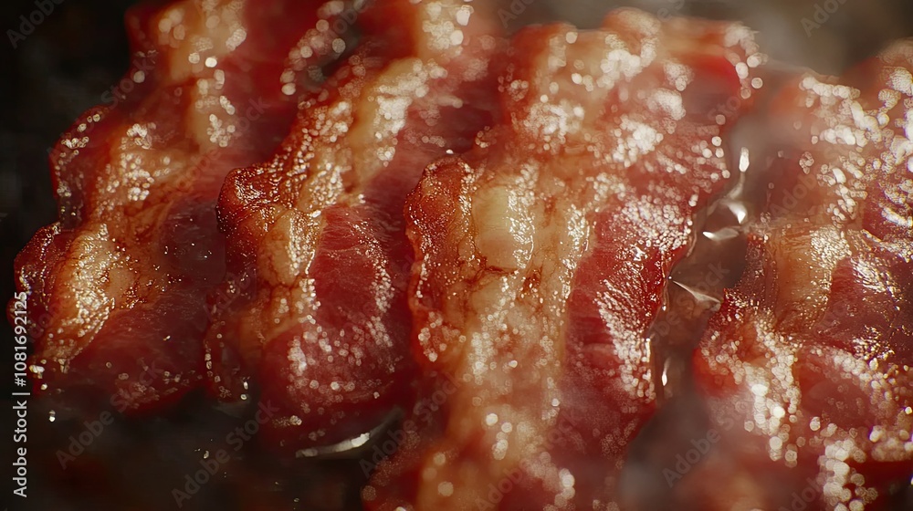 Close-up of perfectly crispy bacon strips, with a slight char and glistening fat, ready to be enjoyed. Close-up of perfectly crispy bacon strips, with a slight char and glistening fat, ready to be enjoyed.