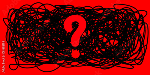 Tangle bubble of confused thoughts with question mark. Vector linear drawing doodle on red background. Psychological concept of problem solving. Continuous tangled line.