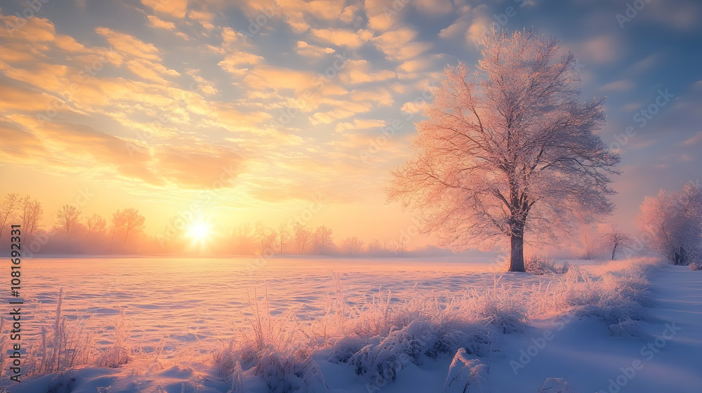 Winter Sunrise Illuminates a Frosty Landscape with a Solitary Snow-Covered Tree, Creating a Serene and Picturesque Scene. Winter Sunrise Illuminates a Frosty Landscape with a Solitary Snow-Covered Tree, Creating a Serene and Picturesque Scene.