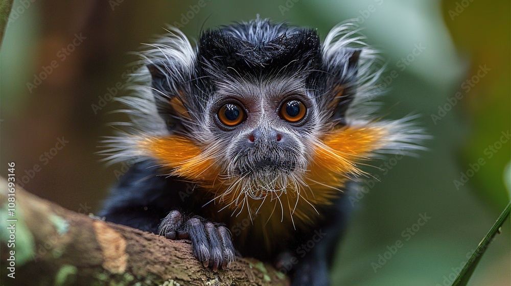 A cute, small monkey with black fur, a white beard, and orange cheeks sits on a branch, staring directly at the camera. A cute, small monkey with black fur, a white beard, and orange cheeks sits on a branch, staring directly at the camera.
