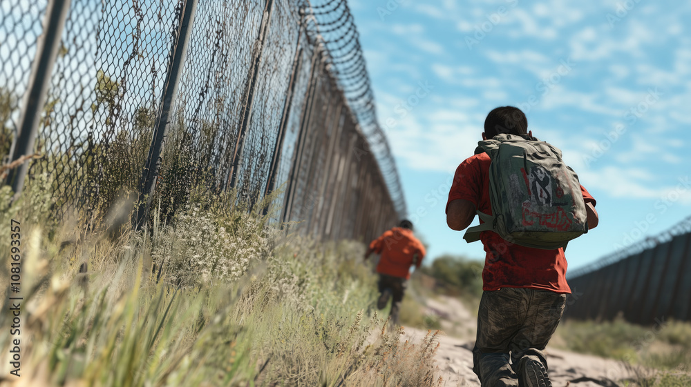 A family of illegal immigrants runs along a fence on a border similar to the one between Mexico and USA A family of illegal immigrants runs along a fence on a border similar to the one between Mexico and USA