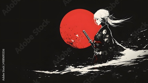 A lone samurai woman stands in the water, her katana drawn, facing a large red sun.