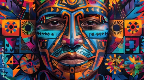 A mural-style background depicting a fusion of indigenous and contemporary art, blending vibrant geometric patterns with modern street art influences for a dynamic cultural mix. photo