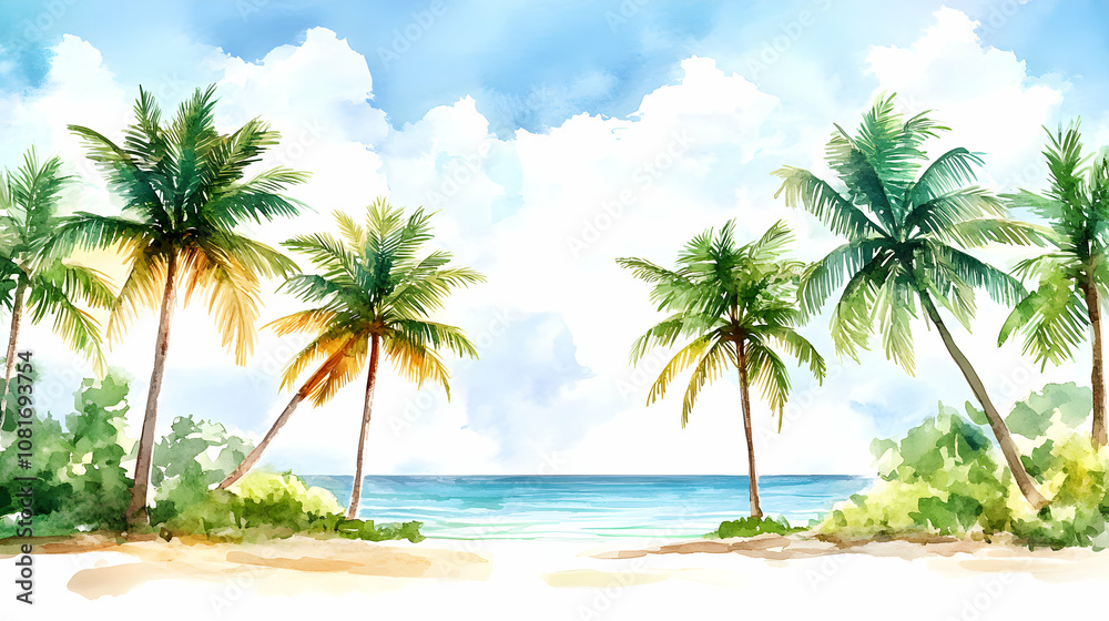 Watercolor Painting of Tropical Beach Scene with Palm Trees under a Sunny Sky Watercolor Painting of Tropical Beach Scene with Palm Trees under a Sunny Sky