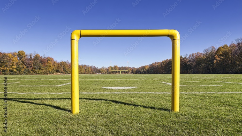 A football goalpost with padded base and end zone turf, outdoor setting under a clear sky, Bold style A football goalpost with padded base and end zone turf, outdoor setting under a clear sky, Bold style