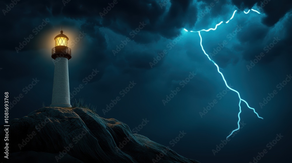 Luminous Lighthouse Dramatic Night Storm Coastal Scene Luminous Lighthouse Dramatic Night Storm Coastal Scene