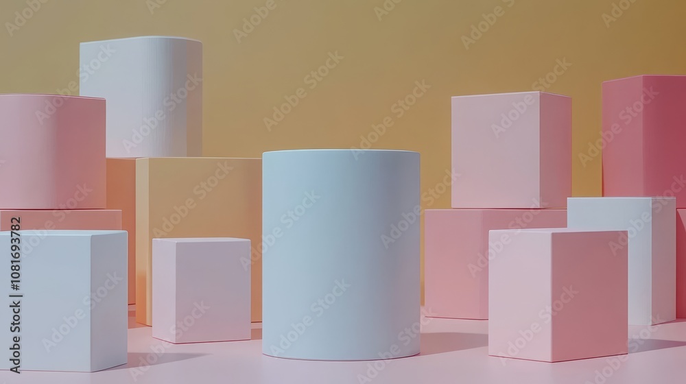 Abstract Geometric Composition with Pastel Cylinders and Cubes Abstract Geometric Composition with Pastel Cylinders and Cubes