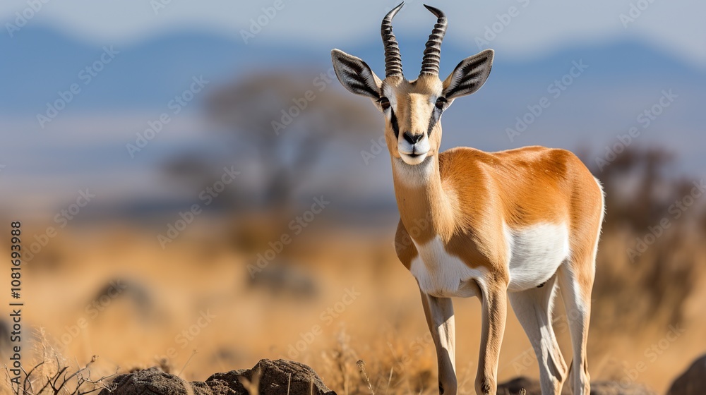 A graceful gazelle with long, thin horns and a white patch on its chest stands in a grassy field, looking directly at the camera. A graceful gazelle with long, thin horns and a white patch on its chest stands in a grassy field, looking directly at the camera.