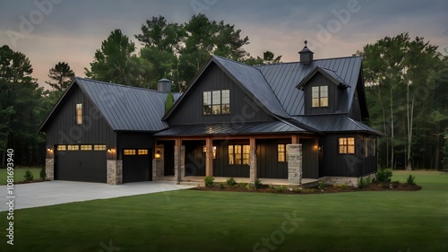 A barndominium home with black roof and black siding at lakeside.