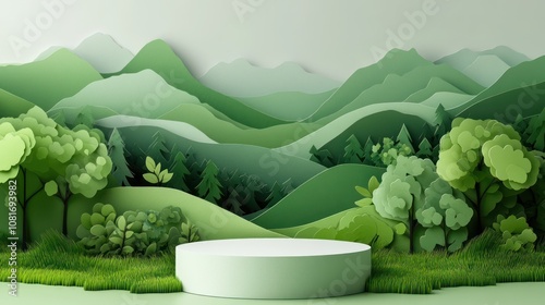 3d Paper cut abstract minimal geometric shape White cylinder podium on green nature mountains landscape backdrop for product display advertising