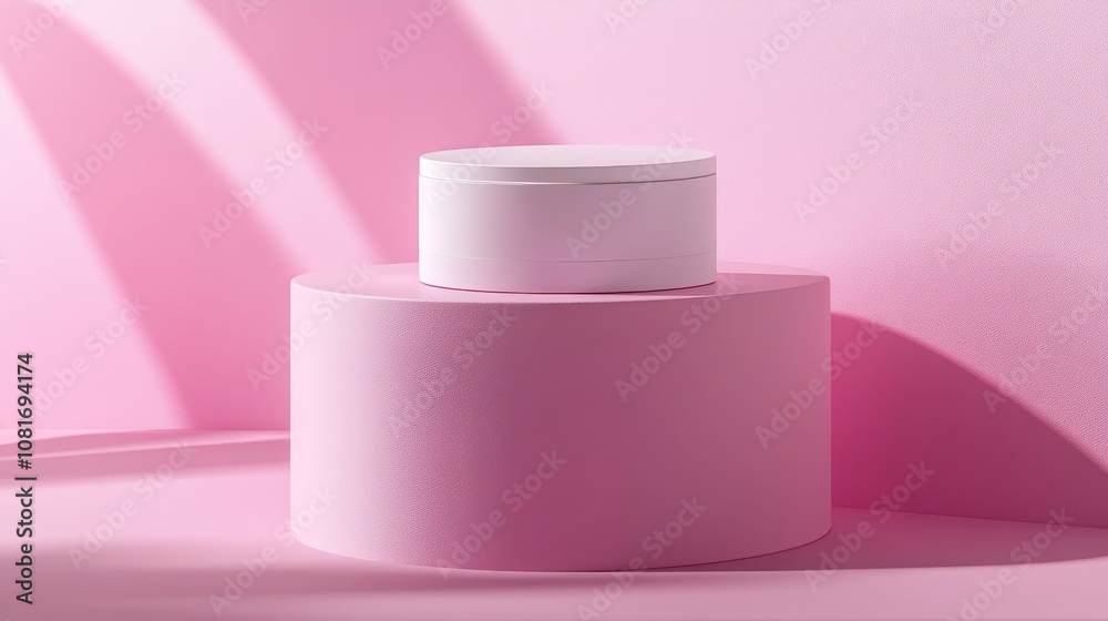 White Jar with Lid on Pink Cylindrical Platform with Shadow White Jar with Lid on Pink Cylindrical Platform with Shadow