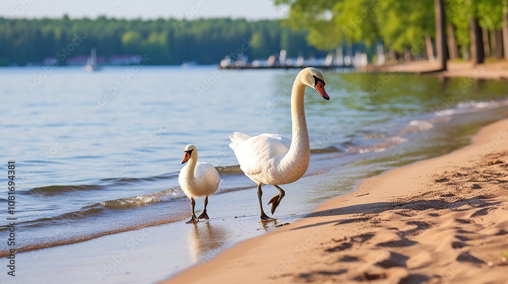 A mother swan and her cygnet walk along a sandy beach, with a lake in the background. A mother swan and her cygnet walk along a sandy beach, with a lake in the background.