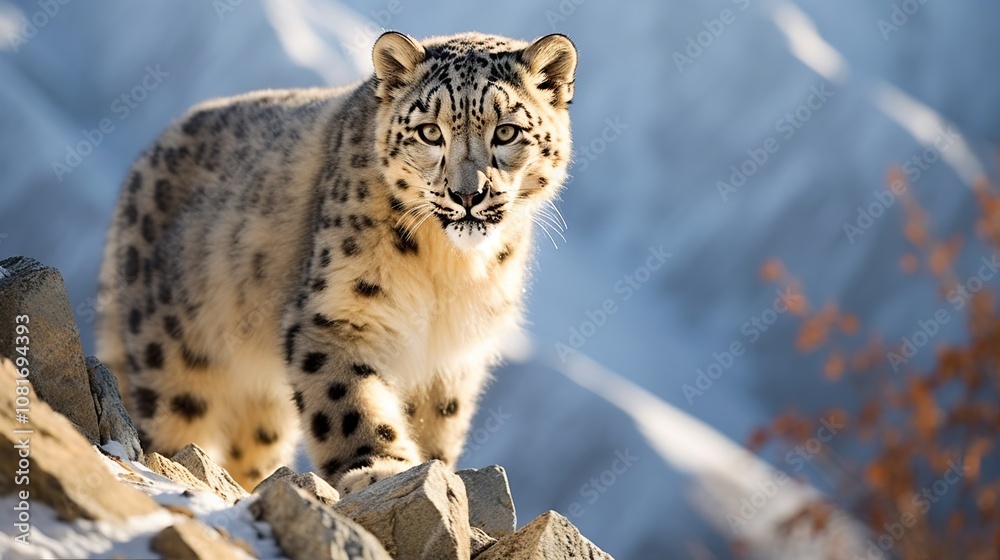 A snow leopard with a striking gaze stands on a rocky mountainside, with snow-capped peaks in the background. A snow leopard with a striking gaze stands on a rocky mountainside, with snow-capped peaks in the background.