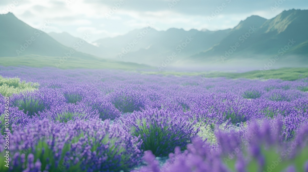 Field of purple lavender flowers, extending into the distance, with a soft-focus background of green and blue for a calming scene Field of purple lavender flowers, extending into the distance, with a soft-focus background of green and blue for a calming scene