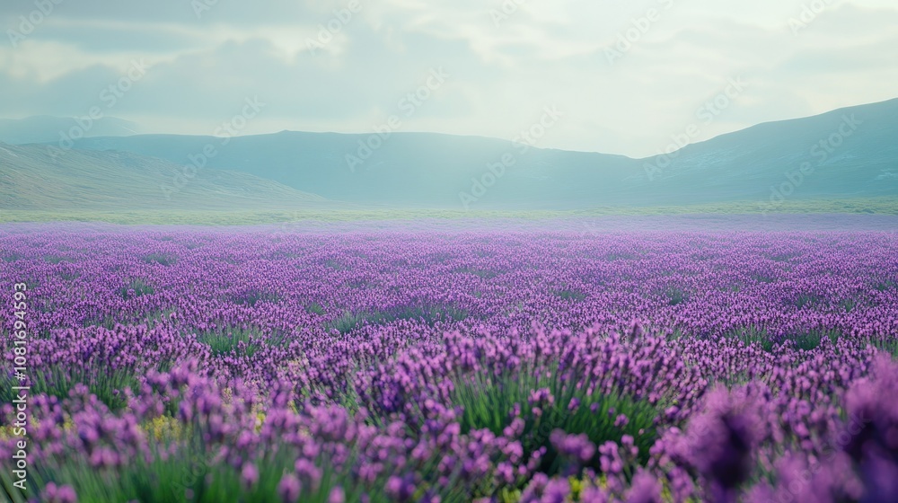 Obraz premium Field of purple lavender flowers, extending into the distance, with a soft-focus background of green and blue for a calming scene