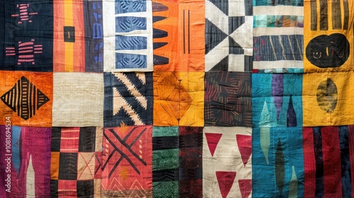 A patchwork background integrating Latin American textiles, Japanese ink art, and African tribal symbols, highlighting the diversity and interconnectedness of global ethnic art.