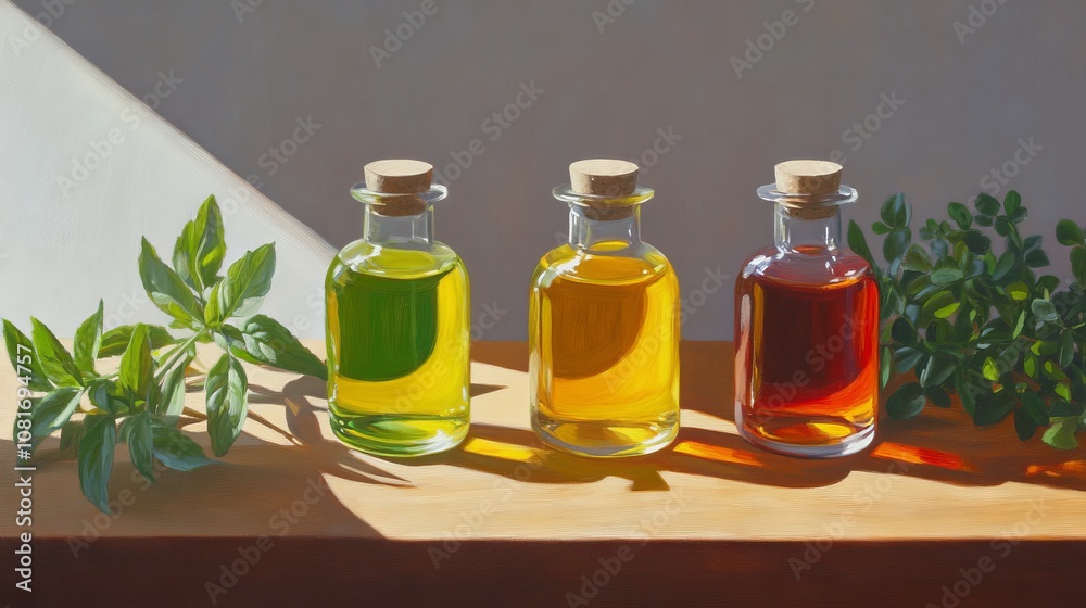 Three glass bottles with green, yellow, and red infused oils and fresh herbs in sunlight Three glass bottles with green, yellow, and red infused oils and fresh herbs in sunlight