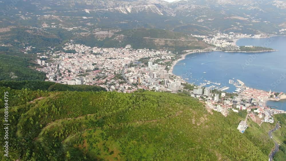Budva, Montenegro. Beautiful Green Landscape with Sea on A Sunny Summer Day. Drone Shot Budva, Montenegro. Beautiful Green Landscape with Sea on A Sunny Summer Day. Drone Shot